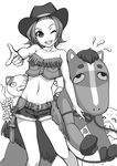  bare_shoulders belt bird buckle cat character_request chicken contrapposto cowboy_hat flower flying_sweatdrops fringe_trim gloves greyscale hat head_tilt horse k-on! looking_at_viewer midriff monochrome one_eye_closed open_mouth overskirt pig pointing short_hair short_shorts shorts smile standing sweatdrop tainaka_ritsu torigoe_takumi 
