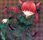  animal_ears bow braid cat_ears fang hair_bow hime_takeo kaenbyou_rin long_hair long_sleeves one_eye_closed open_mouth puffy_sleeves red_eyes red_hair slit_pupils smile solo takeoo touhou twin_braids 