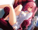  :&lt; armchair bare_legs barefoot between_thighs bottomless bow breast_press breasts button_gap chair cleavage collarbone dress_shirt dutch_angle feet_on_chair frown gin_no_cross_to_draculea hair_bow highres large_breasts legs looking_at_viewer naked_shirt no_bra novel_illustration official_art pink_hair red_eyes rushella_dam_draculea shirt sitting sitting_sideways sleeves_past_wrists solo tsurime two_side_up yasaka_minato 