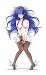  bad_id bad_pixiv_id blue_eyes blue_hair breasts echizen_(hvcv) fire_emblem fire_emblem:_fuuin_no_tsurugi hat highres large_breasts lilina long_hair lying nipples nude on_back pantyhose pantyhose_pull pussy solo sweat 