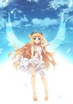  bare_shoulders blonde_hair blue_eyes blue_sky blush contrapposto feathers frills greek_toe hair_ornament highres karpin long_hair robot_ears sandals see-through seeu skirt sky solo standing two_side_up very_long_hair vocaloid white_skirt wings 