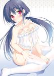  :o babydoll bad_id bad_pixiv_id black_hair blush bracelet breasts cleavage cropped eyebrows_visible_through_hair frills front-tie_top gradient gradient_background hair_ornament jewelry lingerie long_hair looking_at_viewer low_twintails medium_breasts open_mouth original pan_(mimi) panties parted_lips red_eyes see-through shiny shiny_skin side-tie_panties simple_background sitting solo thighhighs twintails underwear very_long_hair white_legwear white_panties x_hair_ornament yokozuwari 