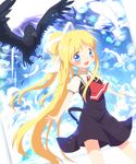  :d absurdres air ascot ayakashi_(monkeypanch) bird blonde_hair blue_eyes blush cross dress feathers hair_ribbon highres kamio_misuzu long_hair looking_at_viewer open_mouth ponytail ribbon smile solo sora_(air) very_long_hair 