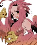  1girl artist_request breasts claws cleavage feathers harpy mofuaki monster_girl original pink_hair pointy_ears solo wings yellow_eyes 
