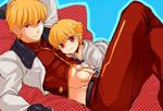  blonde_hair casual child child_gilgamesh dual_persona fate/hollow_ataraxia fate_(series) gilgamesh male_focus midriff multiple_boys older red_eyes sunday31 younger 