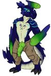  anthro beezlebumawoken blue_fur brachydios capcom clothed clothing dinosaur dragon fur green_penis knot male monster_hunter partially_clothed penis pose reptile scalie simple_background slit solo topless video_games white_background 