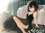  bed black_dress black_hair blue_eyes board_game bob_cut breasts chess cuteg dress highres houshou_yuzurina kono_naka_ni_hitori_imouto_ga_iru! nightgown official_art see-through small_breasts solo 