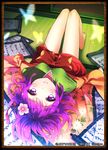  bare_legs barefoot bon bow bug butterfly flower hieda_no_akyuu insect japanese_clothes long_sleeves purple_eyes purple_hair scroll short_hair solo touhou upside-down 