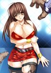  1girl bare_knuckle bare_shoulders belt blaze_fielding bra breasts brown_eyes brown_hair cleavage clenched_teeth defeated highres imminent_rape midriff miniskirt panties skirt smash_daisaku teeth thighhighs torn_clothes underwear white_panties wrist_cuffs 