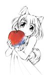  animal_ears apple earth food fruit highres jason_(kaiten_kussaku_kikou) looking_at_viewer monochrome original short_hair simple_background smile solo spot_color tail white_background 