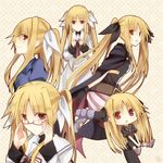  bad_id bad_pixiv_id bespectacled blonde_hair cape fate_testarossa glasses hair_ribbon long_hair lyrical_nanoha mahou_shoujo_lyrical_nanoha mahou_shoujo_lyrical_nanoha_a's mahou_shoujo_lyrical_nanoha_the_movie_2nd_a's mizuki_hau open_mouth red_eyes ribbon school_uniform seishou_elementary_school_uniform smile thighhighs twintails 