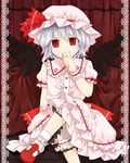  bat_wings crossed_legs curtains fang hat hat_ribbon mary_janes puffy_sleeves red_eyes remilia_scarlet ribbon shoes short_hair short_sleeves silver_hair sitting slit_pupils smile solo touhou wings wrist_cuffs yamamaru 