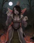  1girl :d bare_shoulders bare_tree black_hair black_nails blood blood_from_mouth breasts claw_pose cleavage crown dress dripping fangs fingernails forest full_moon grey_dress grey_skin grey_sky hair_over_one_eye hands_up highres large_breasts leech leech_queen_(matilda_vin) looking_at_viewer matilda_vin moon nail_polish nature night night_sky one_eye_covered open_mouth original outdoors sky smile solo standing tail tentacle_hair tree white_eyes 