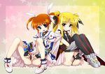  bad_id bad_pixiv_id blonde_hair brown_hair cape censored fate_testarossa fingerless_gloves gloves hair_ribbon leotard leotard_aside lyrical_nanoha mahou_shoujo_lyrical_nanoha mahou_shoujo_lyrical_nanoha_a's mahou_shoujo_lyrical_nanoha_the_movie_2nd_a's multiple_girls no_panties open_mouth purple_eyes pussy red_eyes ribbon sattan short_twintails skirt smile spread_legs spread_pussy takamachi_nanoha thighhighs twintails 