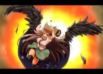  1girl arm_cannon bow brown_hair cape feathers hair_bow letterboxed long_hair red_eyes reiuji_utsuho skirt smile solo touhou weapon wings 