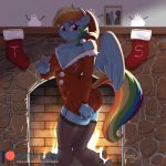  2019 anthro blue_feathers breasts christmas christmas_stocking cleavage clothed clothing digital_media_(artwork) equine feathered_wings feathers female fire fireplace friendship_is_magic hair hat holidays inside kevinsano legwear mammal multicolored_hair multicolored_tail my_little_pony patreon pegasus pink_eyes rainbow_dash_(mlp) rainbow_hair rainbow_tail santa_hat solo thigh_highs tight_clothing url wardrobe_malfunction wings 