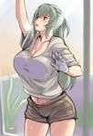  against_glass blush breast_press breasts breasts_on_glass cleavage cloth large_breasts long_hair navel older open_mouth plant pot reaching red_eyes rozen_maiden shirt shorts silver_hair solo suigintou sweat t-shirt taut_clothes taut_shirt thick_thighs thighs tsuda_nanafushi window 