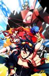  2boys bandages belt bikini_top blue_hair breasts cape cleavage coat corset crossed_arms foreshortening goggles goggles_on_head grin hair_ornament highres kamina kamina_shades large_breasts mecha multiple_boys pointing ponytail red_hair sarashi scarf shirtless short_shorts shorts simon smile tengen_toppa_gurren_lagann thighhighs time_paradox yoko_littner 