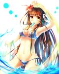  arm_up armpits bikini blush breasts brown_hair cleavage flower food hair_flower hair_ornament hibiscus long_hair medium_breasts mouth_hold navel original partially_submerged popsicle sakura_ani side-tie_bikini solo swimsuit very_long_hair water wet yellow_eyes 