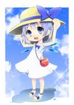  alternate_costume bad_id bad_pixiv_id bag blue_eyes blue_hair blush bow cirno cloud collarbone day hat hat_bow ice ice_wings open_mouth sky sleeveless solo touhou uta_(kuroneko) wings 