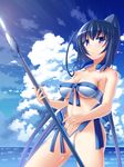  bikini blue_eyes blue_hair breasts cleavage cloud covered_nipples day front-tie_top honda_futayo kyoukaisenjou_no_horizon large_breasts looking_at_viewer md5_mismatch polearm purple_eyes sky solo spear swimsuit takanashi-a water weapon 
