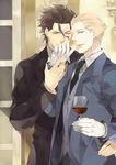  ahoge alcohol black_hair blonde_hair blue_eyes cup drinking_glass fate/zero fate_(series) formal get3 gloves hand_kiss kayneth_el-melloi_archibald kiss lancer_(fate/zero) male_focus mole mole_under_eye multiple_boys one_eye_closed suit white_gloves wine wine_glass yellow_eyes 