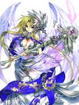  angel_wings arm_guards armor bare_shoulders breasts cleavage feathers green_hair headgear long_hair md5_mismatch medium_breasts navel original parted_lips purple_eyes sanbasou solo staff very_long_hair wings 