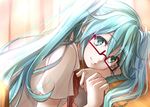 ahoge alternate_costume aqua_eyes aqua_hair arm_rest bad_id bad_pixiv_id chair curtains desk glasses hatsune_miku head_rest highres long_hair looking_at_viewer looking_back masami_chie red-framed_eyewear shirt sitting smile solo twintails upper_body very_long_hair vocaloid 