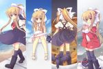  air bird black_legwear blonde_hair blue_eyes boots dress food from_below gloves hair_ribbon holding kamio_misuzu long_hair miyata_(miyatami07) ponytail popsicle ribbon sandals sitting snowing thighhighs very_long_hair walking 