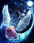  bad_id bad_pixiv_id bat_wings blue_eyes blush_stickers caramel_(artist) cloud copy_ability gloves halo highres kirby kirby_(series) mask meta_knight moon night night_sky no_humans ocean open_mouth pauldrons sky water waves wet wings yellow_eyes 