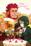  alcohol armor beard beer beer_mug birthday birthday_cake black_hair cake candle cup facial_hair fate/zero fate_(series) food fruit green_eyes green_hair holding holding_cup juice male_focus multiple_boys necktie red_eyes red_hair rider_(fate/zero) spitting strawberry sunday31 waver_velvet 
