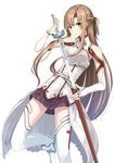  absurdres armor asuna_(sao) bad_id bad_pixiv_id bare_shoulders brown_eyes brown_hair couzone detached_sleeves highres long_hair simple_background skirt solo sword sword_art_online thighhighs weapon white_background white_legwear 