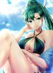  1girl adapted_costume bare_legs bare_shoulders beads bikini breasts cleavage cloud cloudy_sky collarbone day fire_emblem fire_emblem:_rekka_no_ken green_eyes green_hair hair_beads hair_ornament hand_on_own_face highres kazame lens_flare long_hair lyndis_(fire_emblem) medium_breasts nintendo o-ring o-ring_bikini o-ring_top ponytail sitting sky solo sunlight swimsuit twitter_username wet 