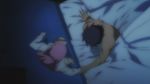  1boy 1girl animated animated_gif bed breasts cleavage green_eyes hagure_yuusha_no_estetica large_breasts long_hair ousawa_akatsuki ousawa_miu panties pink_hair pink_panties shirt underwear 