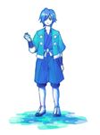  armband blue blue_eyes blue_hair gym_leader hair_over_one_eye hayato_(pokemon) jacket male_focus monochrome pokemon pokemon_(game) pokemon_gsc pokemon_hgss shorts smile solo tegaki 