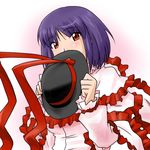  capelet covering_face frills hat hat_removed headwear_removed long_sleeves nagae_iku purple_hair red_eyes short_hair solo supon touhou 