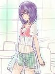  black_hair hourou_musuko inaba-no-kuni-tottori navel purple_eyes shorts smile solo suehiro_anna transparent 