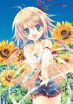  :d arm_ribbon blonde_hair chikaya_t flower green_eyes hair_ribbon holding hose long_hair looking_at_viewer neck_ribbon open_mouth original outstretched_arm ribbon smile solo sunflower water 