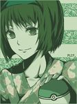  erika_(pokemon) flower green hairband holding holding_poke_ball japanese_clothes leaf monochrome poke_ball pokemon short_hair smile solo tegaki 
