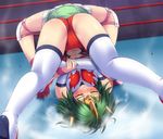  blush boots breasts digdug006 green_hair hair_bobbles hair_ornament leotard medium_breasts multiple_girls red_leotard ryona short_hair skirt sonic_cat suplex thigh_boots thighhighs wrestle_angels wrestle_angels_survivor wrestle_angels_survivor_2 wrestling wrestling_outfit yuuki_chigusa 