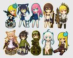  ak-5 ammo_box assault_rifle battle_rifle bikini_top breasts bullpup cat cleavage dual_wielding famas fn_f2000 front-tie_top glasses goggles goggles_on_head gun h&amp;k_g28 h&amp;k_g3 h&amp;k_mp7 headset heckler_&amp;_koch holding ico_(green_bullet) kimidori_(ico) long_hair looking_at_viewer maid maid_headdress mecha_request medium_breasts military military_operator military_uniform multiple_girls one-piece_swimsuit open_clothes open_fly open_shirt original rifle rk95 school_swimsuit shirt sig_sauer sig_sauer_p210 slit_pupils smile smoke smoking smoking_gun submachine_gun swimsuit thighhighs underboob uniform unzipped weapon xm8 