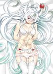  blush bra breasts cleavage ex-keine garter_belt highres horns kamishirasawa_keine large_breasts lieutenant_dan long_hair lowleg lowleg_panties lying navel on_back panties red_eyes shiny shiny_skin solo thigh_gap thighhighs touhou underwear underwear_only very_long_hair white white_background white_legwear white_panties 