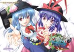  blanket blue_hair blush bow capelet cover food fruit hat hat_bow hinanawi_tenshi leaf long_hair long_sleeves minazuki_noumu multiple_girls nagae_iku open_mouth peach puffy_sleeves purple_hair red_eyes short_hair short_sleeves smile touhou very_long_hair 