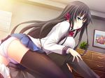  aihara_saoi black_hair blue_eyes escu:de game_cg gurenka long_hair nekonyan panties penis seifuku thighhighs underwear 