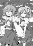  ascot bow chata_maru_(irori_sabou) cirno cosplay daiyousei detached_sleeves greyscale hair_bow hakurei_reimu hakurei_reimu_(cosplay) holding_hands monochrome multiple_girls one_eye_closed open_mouth short_hair smile touhou wings 