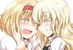  alice_margatroid blonde_hair blush chata_maru_(irori_sabou) closed_eyes crying grin hands_on_another's_face kirisame_marisa long_hair multiple_girls open_mouth short_hair simple_background smile tears touhou white_background yuri 