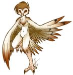  avian barn_owl beak blink_(artist) breasts brown_hair chest_tuft claws female fur hair nude owl plain_background raised_leg realistic_wings solo toe_claws tuft white_background wings 