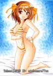  :d artist_name bikini blush bow breasts brown_eyes brown_hair cleavage covered_nipples hair_bow hairband kneeling medium_breasts navel nightmare77zx open_mouth orange_hairband short_hair side-tie_bikini smile solo strap_gap striped striped_bikini suzumiya_haruhi suzumiya_haruhi_no_yuuutsu swimsuit traditional_media tying 