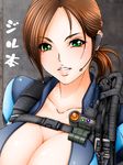  breasts brown_hair cleavage collarbone green_eyes headset huge_breasts jacket jill_valentine lips open_clothes open_jacket resident_evil resident_evil_revelations size_hermitage solo 