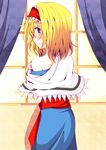  alice_margatroid blush chata_maru_(irori_sabou) from_behind looking_at_viewer looking_back off_shoulder short_hair solo touhou 